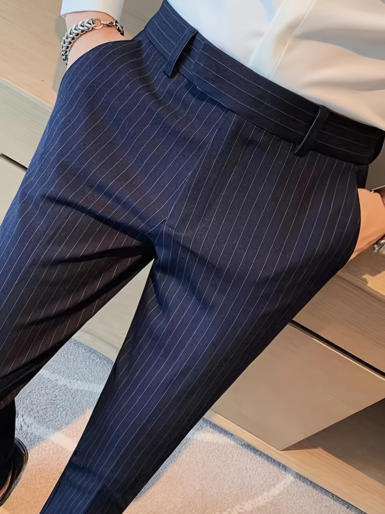 

Синие полосатые брюки для делового повседневного стиля, весна-осень, длинные мужские брюки