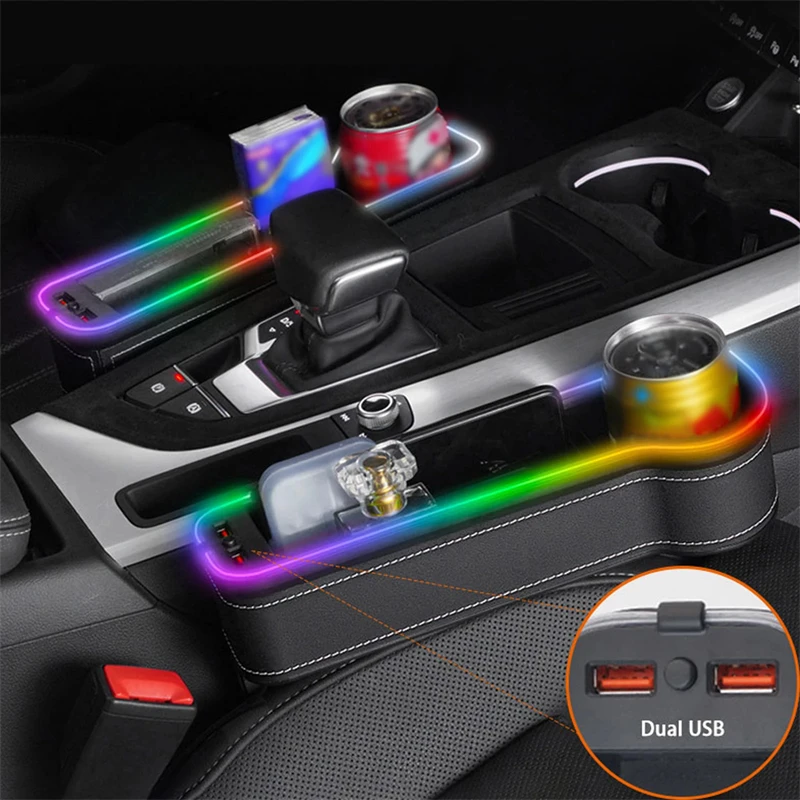 

Front Seat Crevice Storage Box RGB Ambient Light Dual USB Phone Fast Charging Bottle Cup Holder Seat Gap Organizer Car Crevice