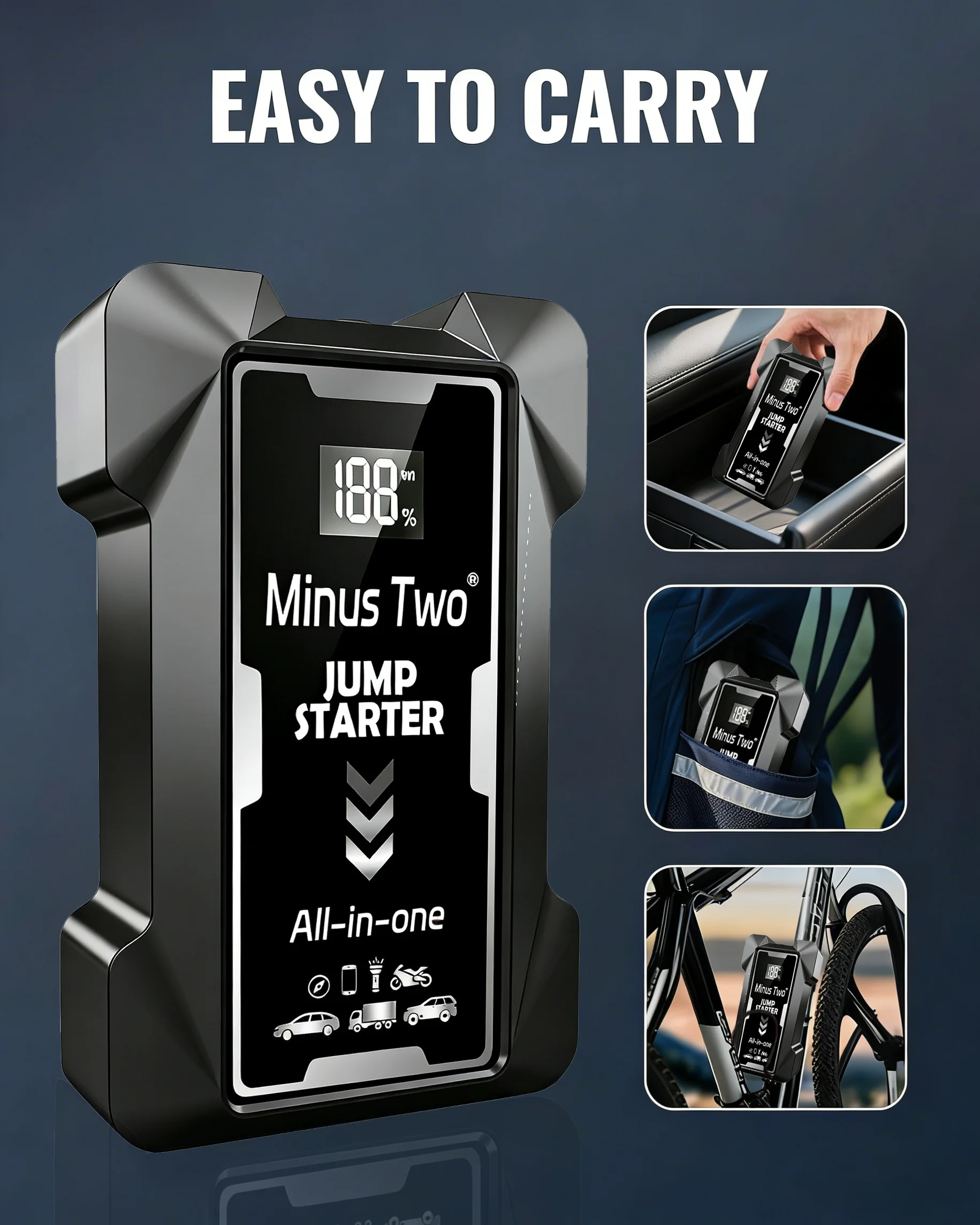 12V Portable Car Jump Starter Power with 3-Mode LED Flashlight for 9.0L Gas/7.0L Diesel