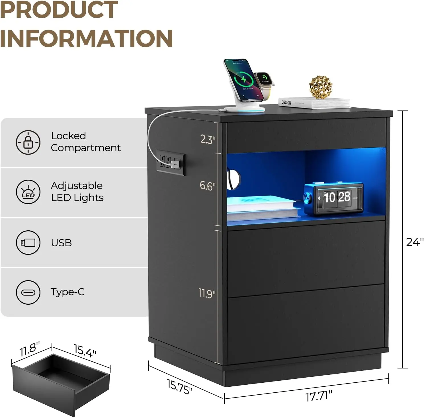 mesa de cabeceira moderna com chave com compartimento oculto, carregamento USB/tipo C e iluminação LED