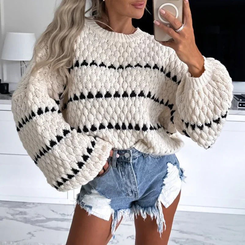 Women Elegant O-neck Long Sleeve Sweaters Tops Fashion Crochet Striped Print Jumper Autumn Winter Casual Loose Pullover Knitted