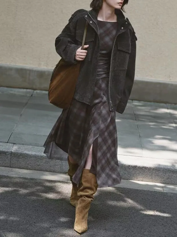 스위트 엘레 체크 실크 네트 드 신상품 2025 가을 여성 패셔너블 가운 매력적인 무대 의상 전통 한복