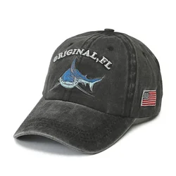 Embroidery Washed Cotton Shark Dad Hat for Men Vintage Baseball Cap Hip Hop Curved Fishing Cap Summer Fish Snapback Women Hat