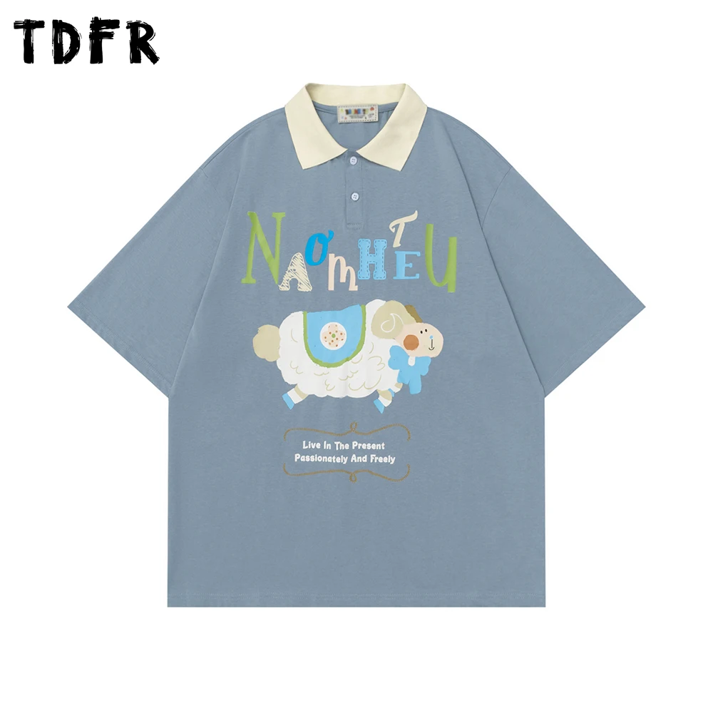 

Cartoon Sheep Print Short Sleeve Polo Shirts Mens Summer Casual Retro Streetwear Spliced Loose Half-Sleeve Cotton Tee Men