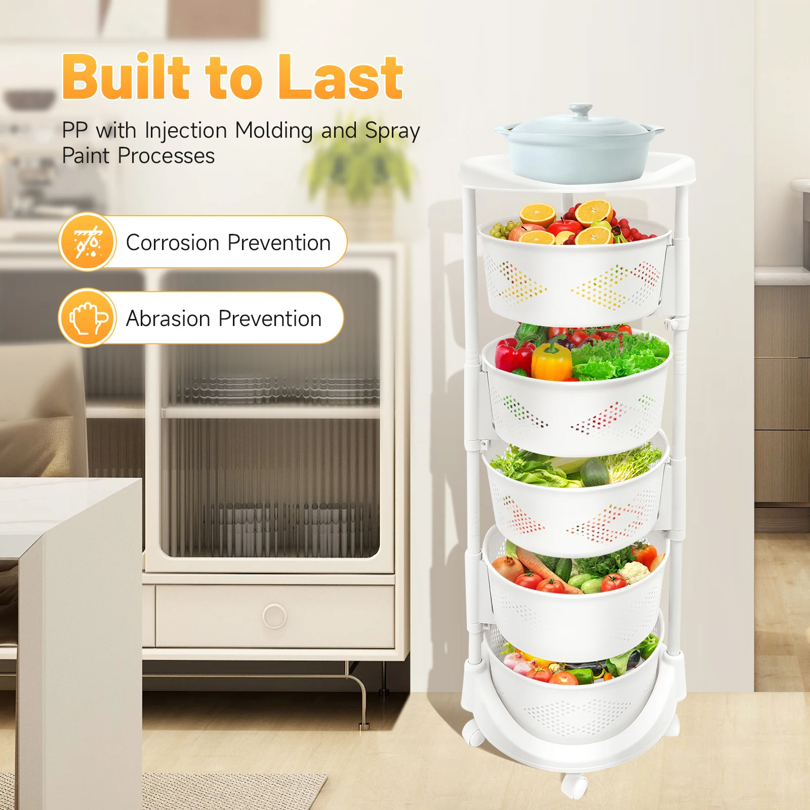 

5-Tier Rotating Storage Shelf with Wheels, Floor Standing Storage Basket Adjustable Height for Kitchen, Bedroom, Living Room