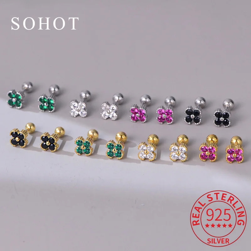 

Real 925 Sterling Silver Piercing Screw Bead Zircon Colorful Mini Stud Earrings for Women Fine Jewelry Light Luxury Accessories