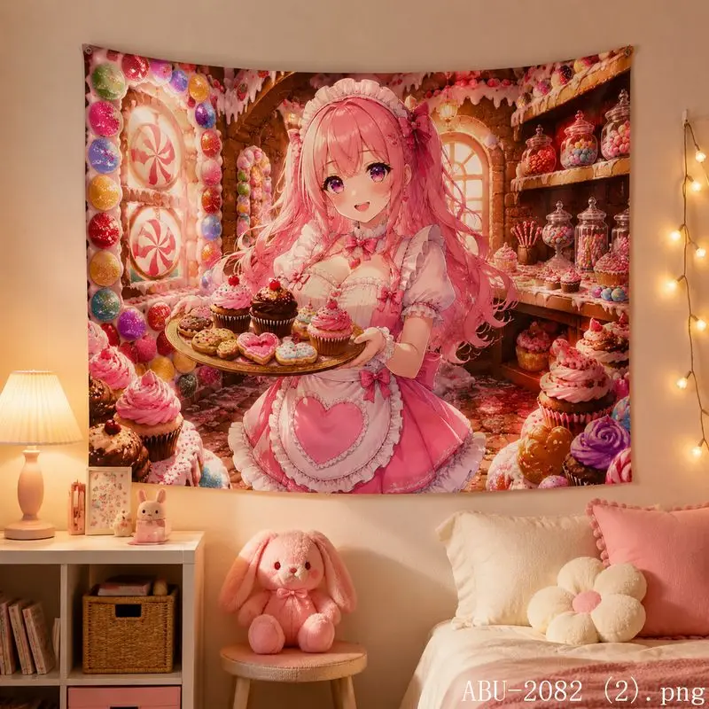 VIKAMA Pastel Rainbow Anime Girl Tapestry, Pink Floral Sky Aesthetic Wall Hanging, Decor for Teen Dorm Bedroom Otaku