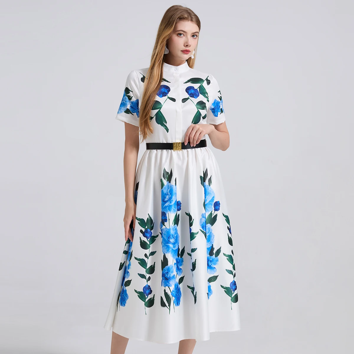 Letnia nowa koszula z nadrukiem Wąskie sukienki damskie Stójka Wysoka talia Krótki rękaw A-Line Długa sukienka Moda Party Sukienka z paskiem