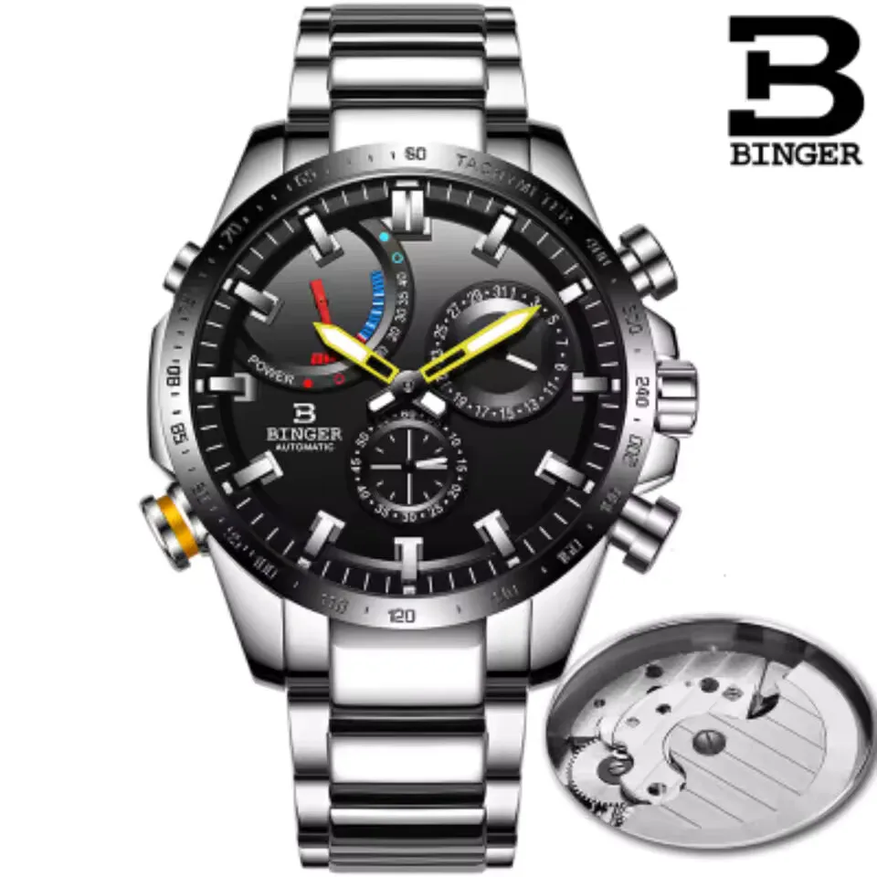Genuine Luxury Switzerland BINGER Brand Men Watch Automatic Mechanical Luminous Waterproof Energy Full Steel Month Male Calendar