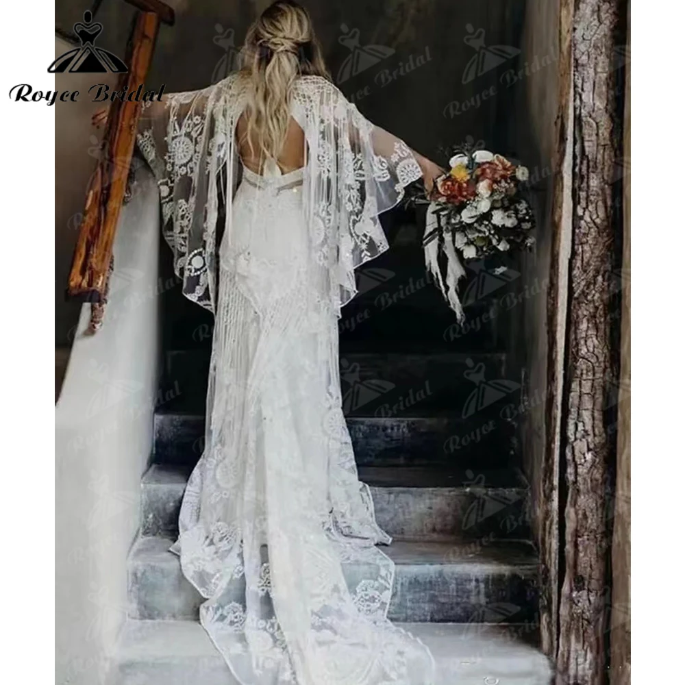 Vestidos De novia Vintage bohemios De encaje, vestidos De novia bohemios De encaje con cuello en V, vestidos De novia con espalda descubierta