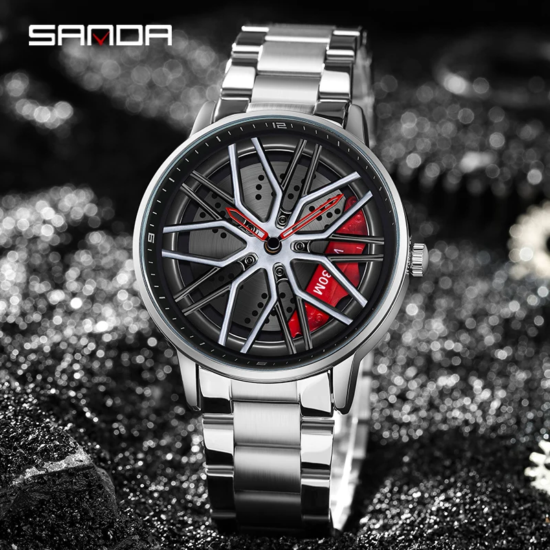 360 Degree Rotating Rim Hub Sports Car Watches Men Watches Waterproof Stainless Steel Wheel Wristwatch Car Quartz Men Watches