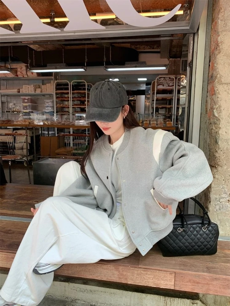  سترة بيسبول قصيرة صديقة للصغير لخريف وشتاء 2025 معطف كاجوال رمادي عتيق متعدد الاستخدامات لملابس الشارع المكتبية #6