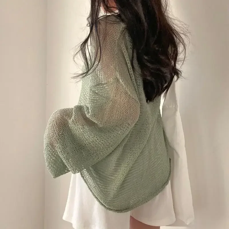 Pull coréen ajouré à manches longues pour femme, haut tricoté avec protection solaire irrégulière, ample, Y2k, été, fin et transparent