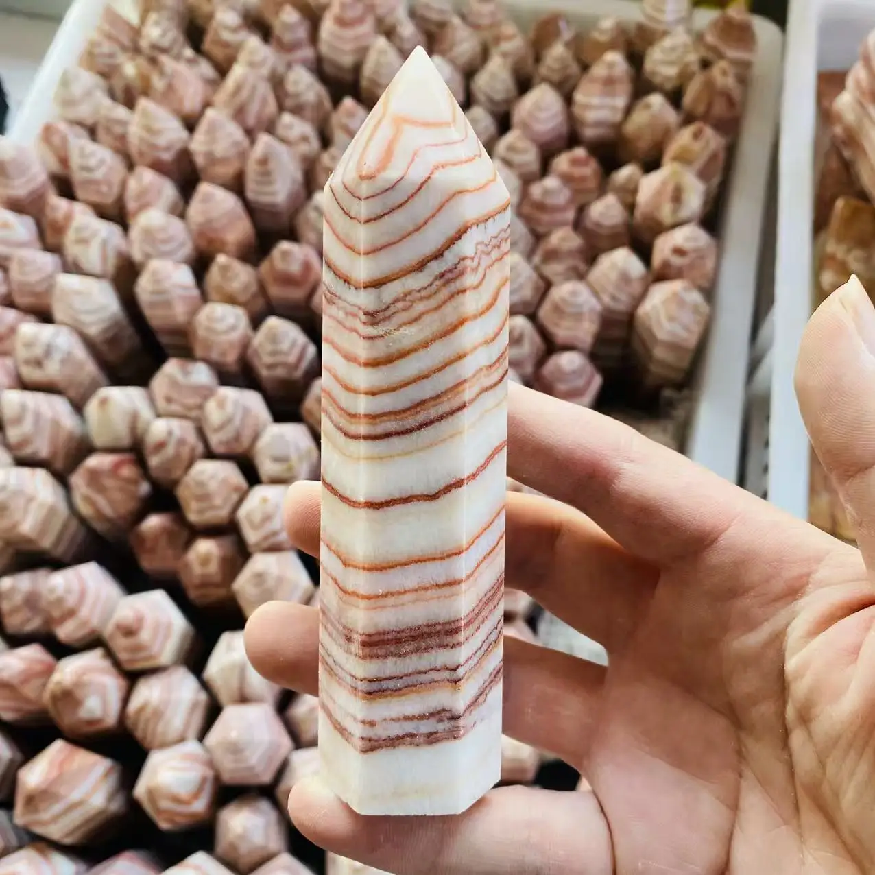 Wholesale High Quality Natural Crystal Obelisk Tri-Color Calcite Tower Pork Stone Point Wand Polished Mineral Technique for Gift