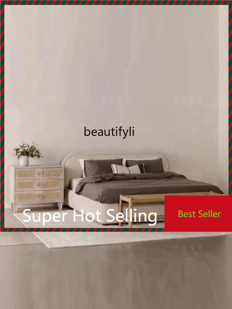 

A71 A44 Nordic Fabric Bed Simple Modern Designer Bed French Vintage Style Small Apartment Soft Cushion Bed Lambswool Double