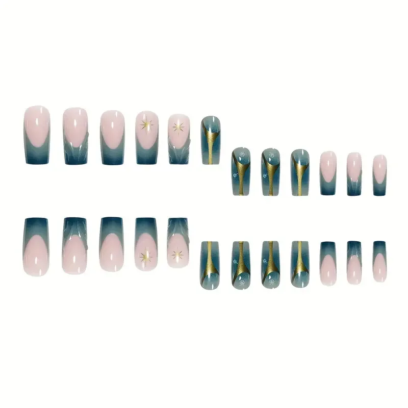 24pcs 3D Water Drops Gradient French False Nails Long Ballet Finished Fake Nails Y2k Press On Nails With Golden Stripe Design