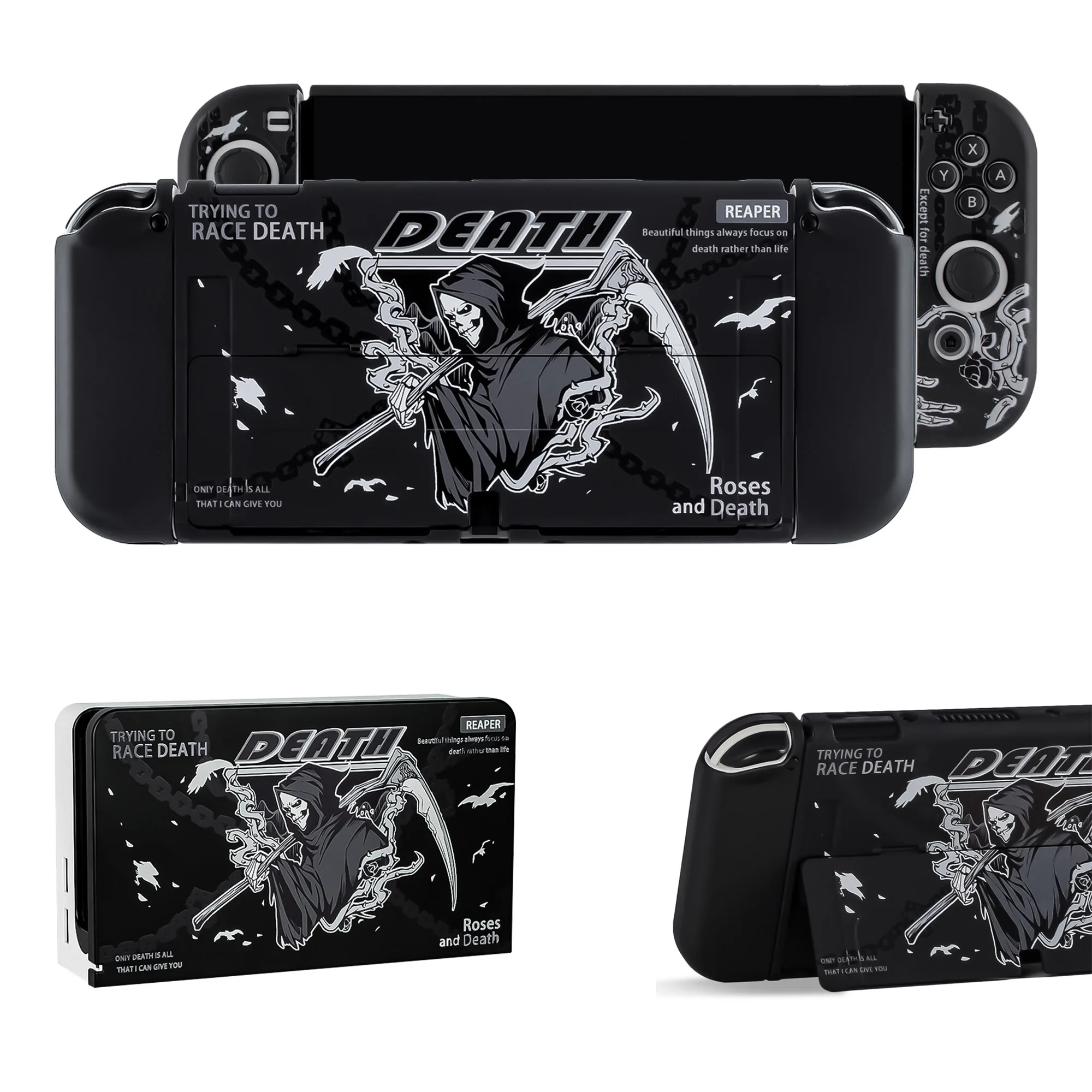 Skull Death Hard Case TV Dock Stand Protective Crystal Shell for Nintendo Switch Oled NS Joy-Con TPU Soft Full Cover Protector