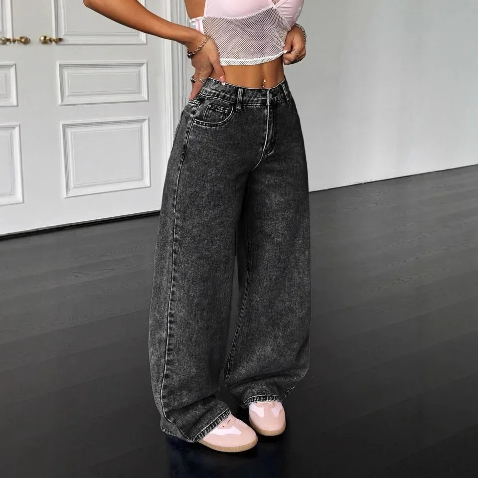 Casual Women Dark Gray Acid Wash Wide Leg Jeans Butterfly Embroidery Loose Floor‐Length Denim Trousers