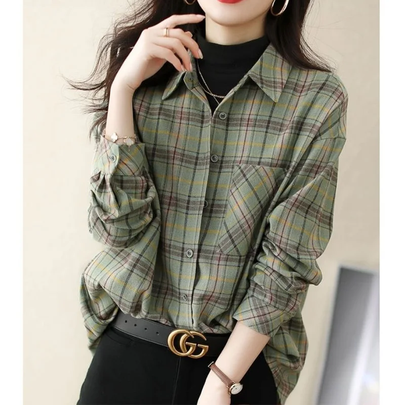 Brushed Plaid Shirt for Women Korean Polo-Neck Pockets Patchwork Single Breasted Women\'s Spring Autumn Retro Long Sleeve Shirt