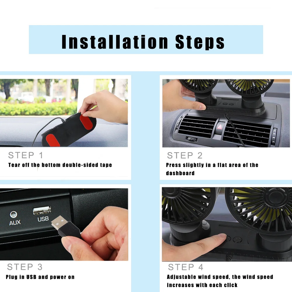 Rotatable ABS Plastic On The Dashboard Dual Head Summer Cooling Fans Three Speeds USB Powered Car Fan Multi-Angle