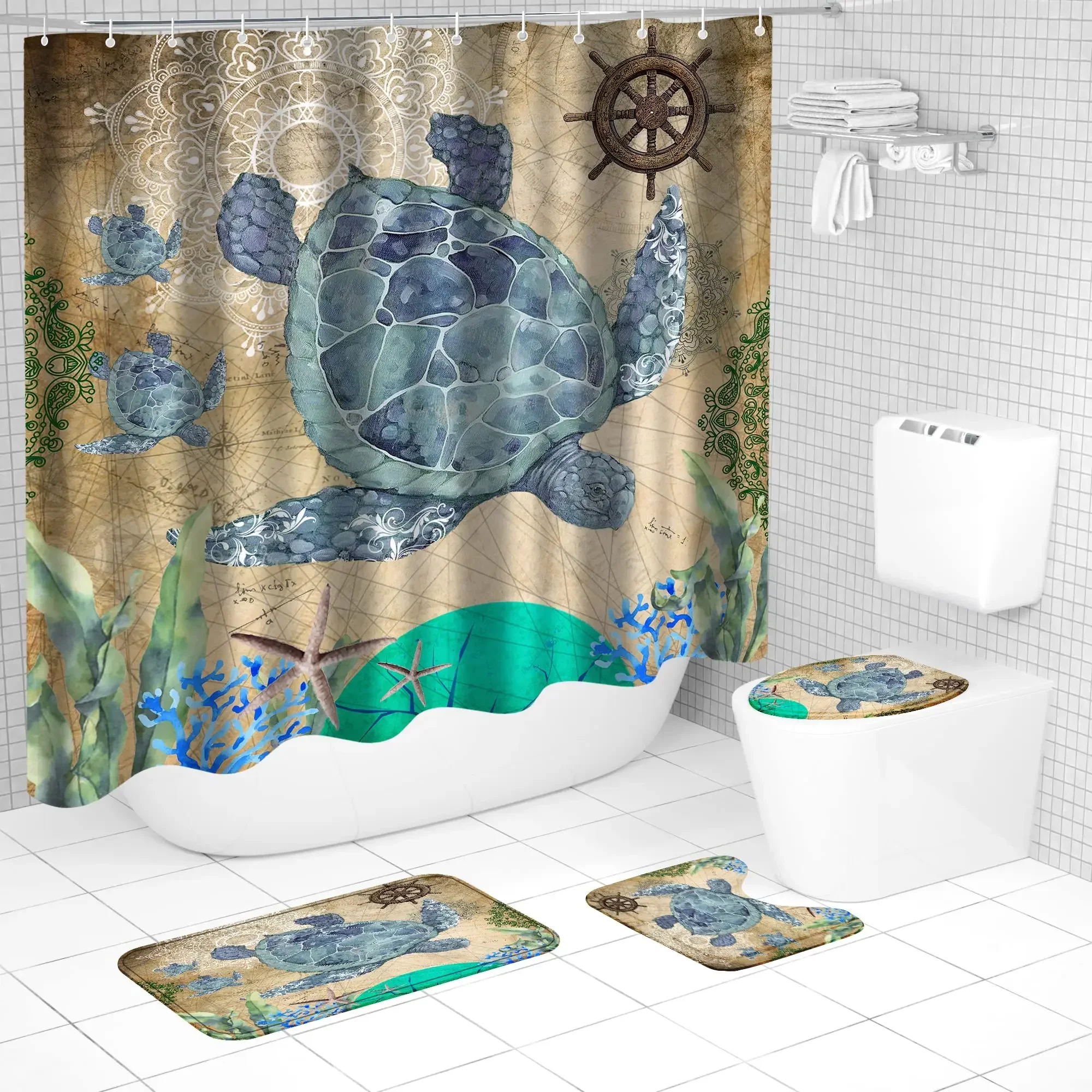 

Набор занавесок для душа с морской черепахой, коврик для ванной комнаты и аксессуары, набор занавесок для душа с морским океаном и крючком, прочная водонепроницаемая ткань
