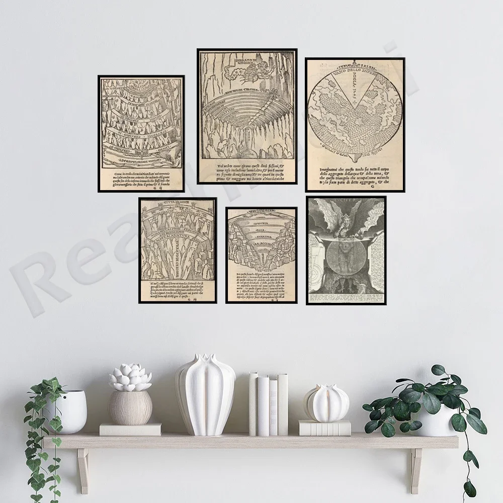 خريطة القرون الوسطى للجحيم جحيم الجحيم الإلهي الكوميديا دانتي خمر مخطوطة العتيقة القوطية التوضيح غرامة الفن ملصق الطباعة