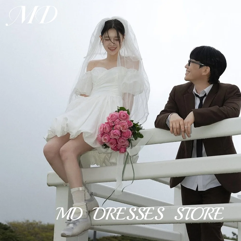 

MD Simple Lvory A-line Short Wedding Dress Puff Sleeves Taffeta Pleat Korea Photoshoot Mini Bridal Gown Corset Customized 2025