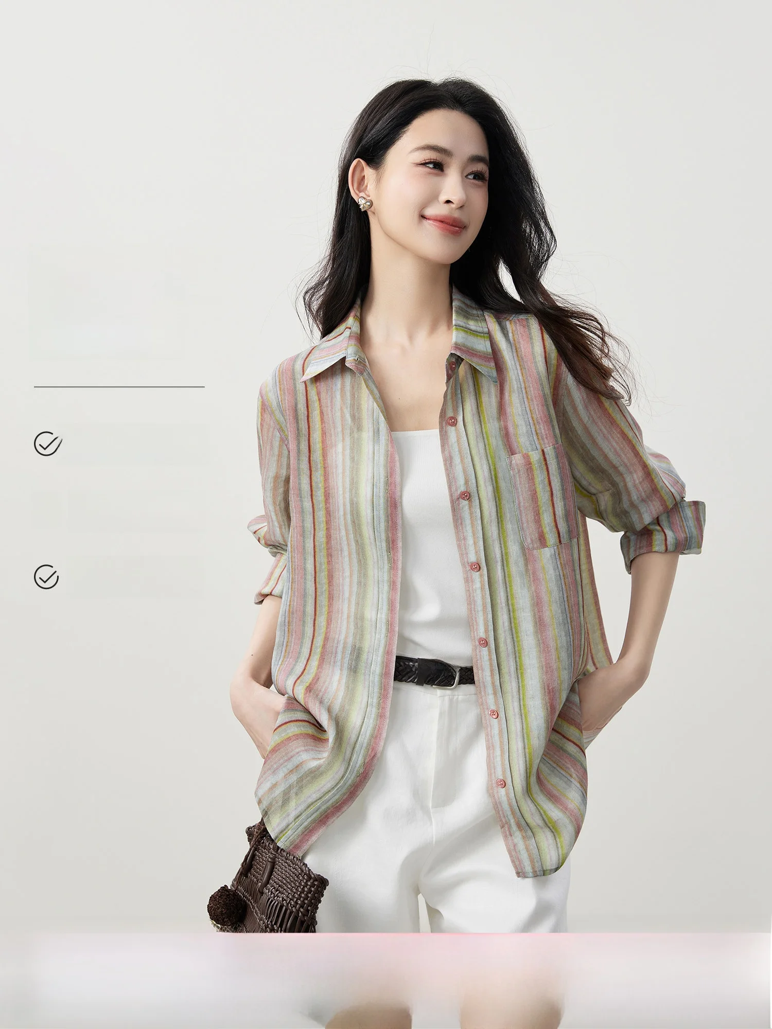 

Natural Flax Women's Shirt Spring 2026 New Style Loose Fit Striped Elegant Fashion Women's Long Sleeve Button up