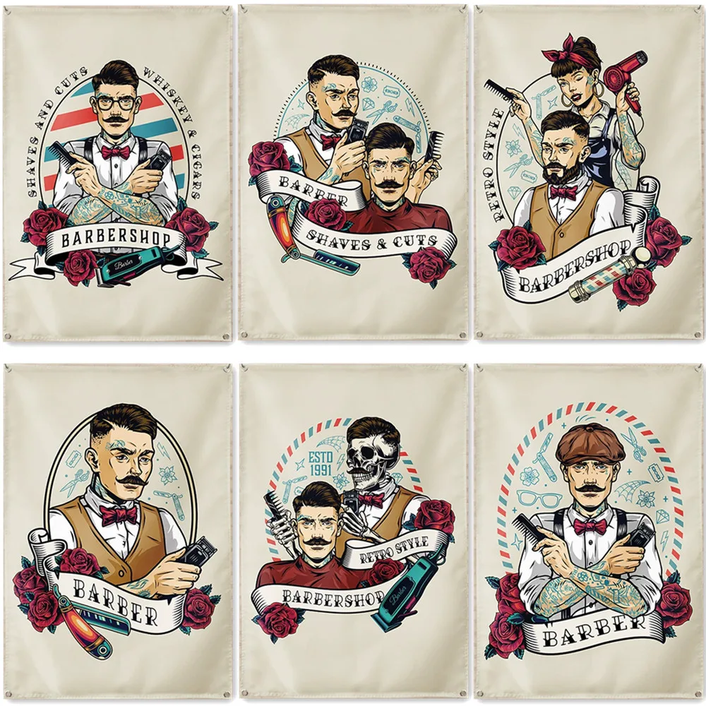 HAIRCUTS & SHAVES Posters and Prints Wall Charts Vintage Tattoo Barber Picture Wall Art Hanging Flag Tapestry Barber Shop Decor