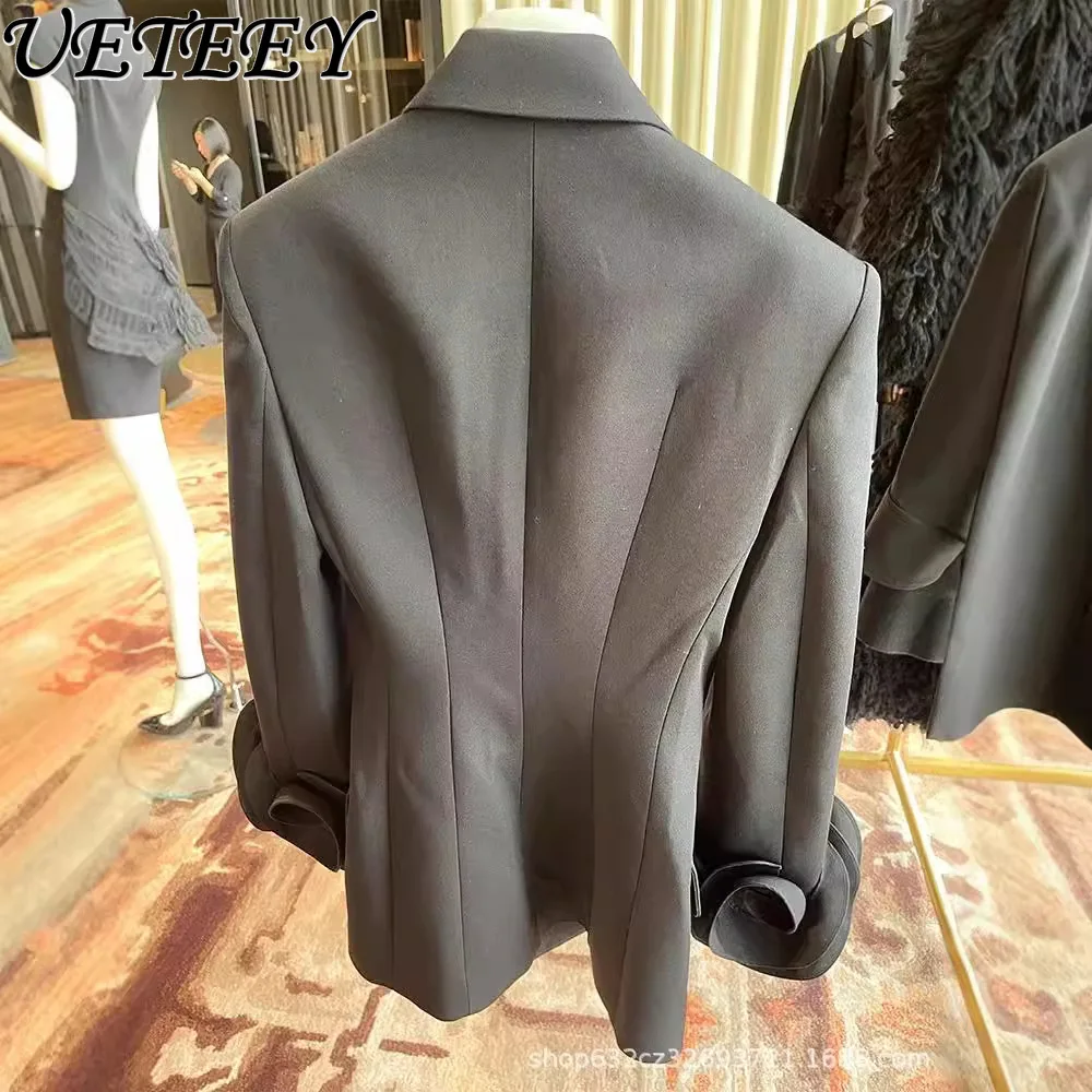 Spring Autumn Unique Casual Silhouette Suit Design Sense Niche Flower Gray Temperament Fashion Long-sleeved Blazer Coat