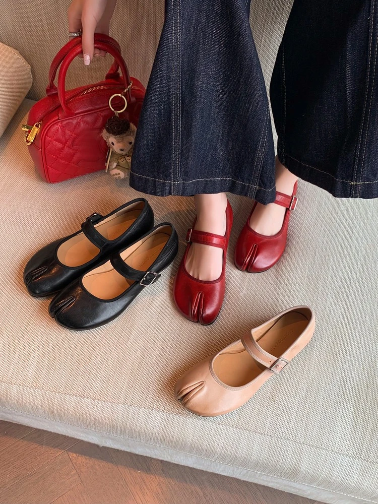 New Genuine Leather Women's Tabi Split-Toe Mary Jane Shoes Washed Cowhide Chunky Heel Round Toe Plus Size34-42 Retro Daily Flats