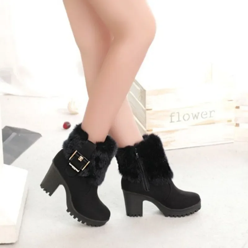 Plus Warm Padded Woman Shoes High Heels Elegant Heeled Snow Boots for Women Large Size Winter Footwear Designer Luxury Pu Boot