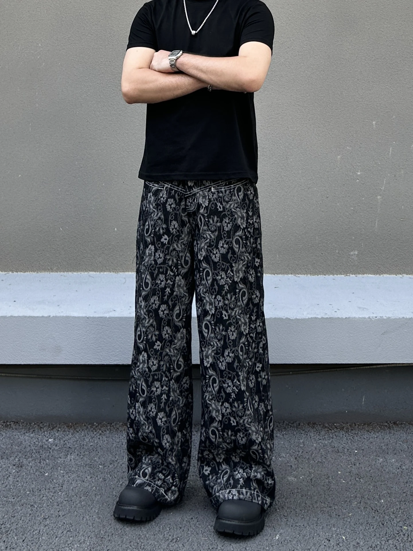 

Retro American Floral Print Jeans Men's Loose Straight Leg Long Pants Women's High Street Lazy Sle Casual Cotton Denim