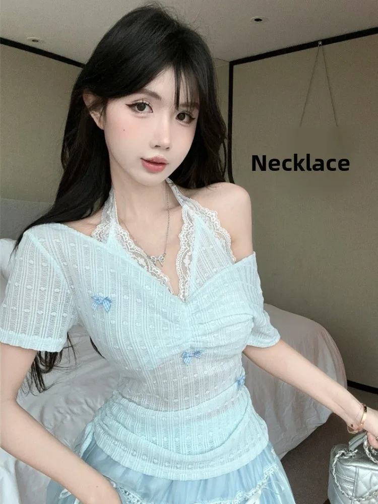 

Lace Splice Fake Two-Piece Neck Hanging Short Sleeve T-Shirt Women Summer Design Drawstring Slimming Shoulder Expos...