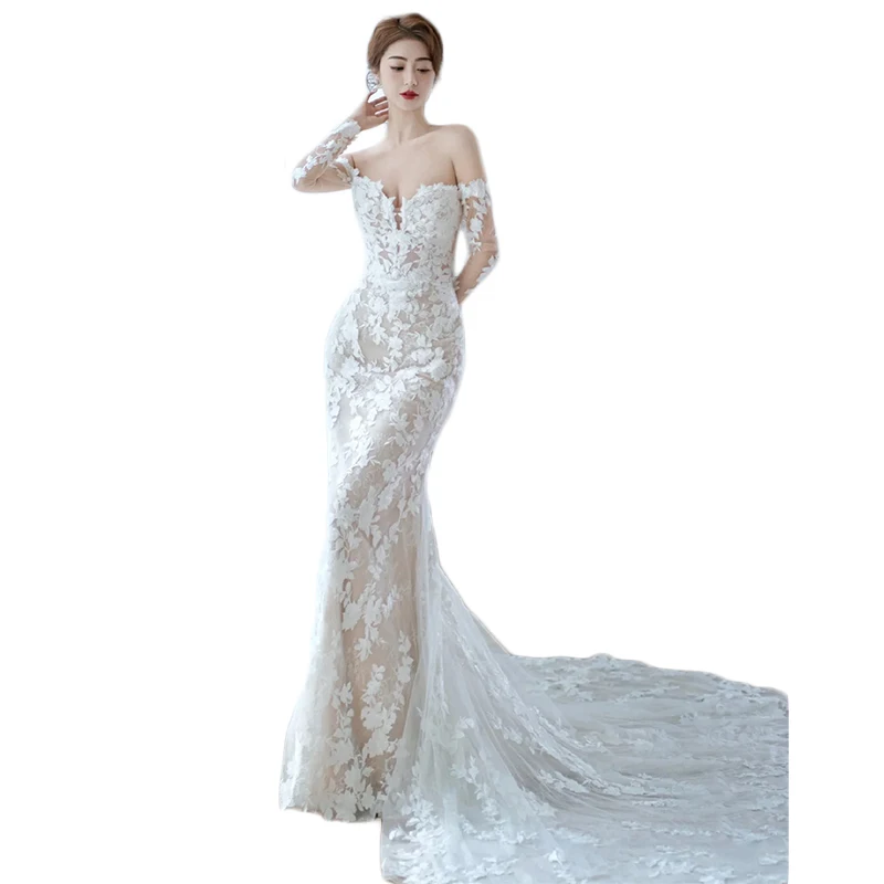 2023 Off Shoulder Bruid Jurken Kant Wedding Dress Mermaid Foto-shooting Tour Lange Mouwen Ruches Robe De Mariee Gown bridal