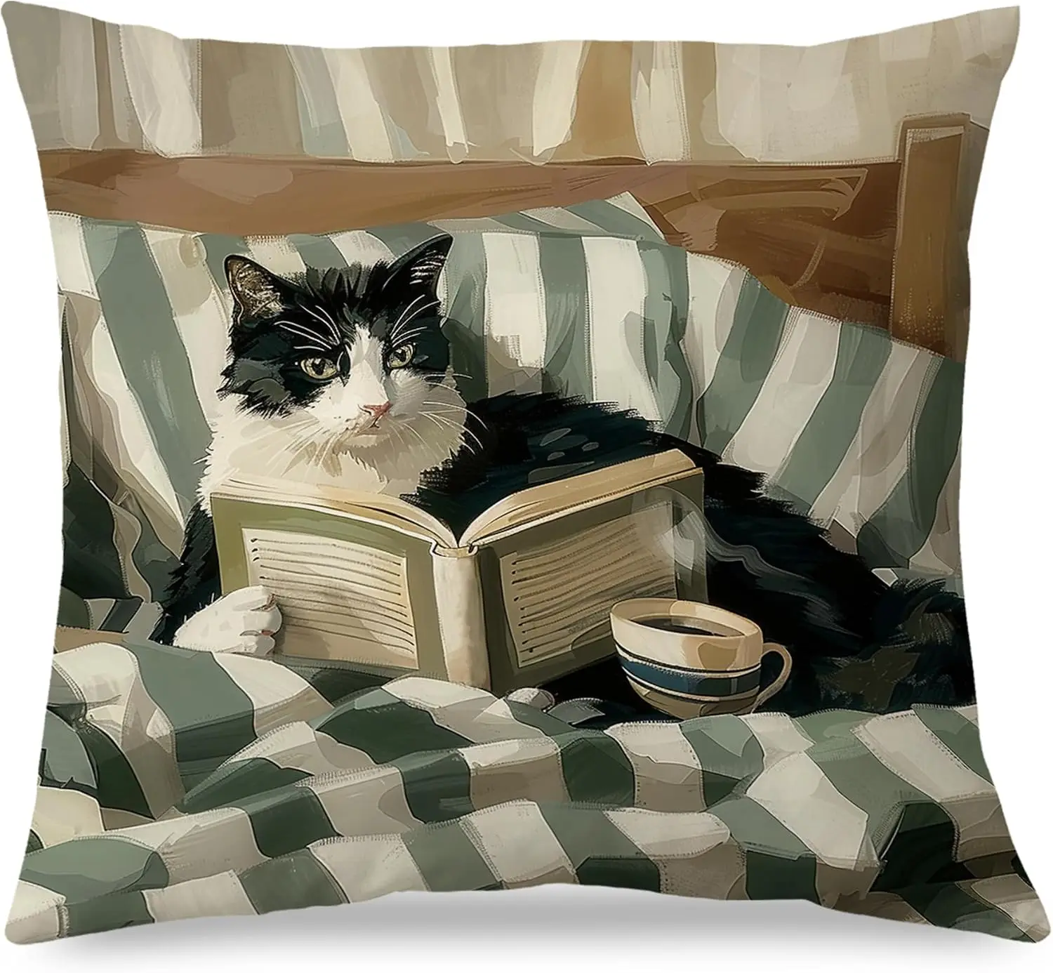 Whimsical Cat Reading Books Art Print Pillow Cover Throw Cushion Case Literary Pet Lover Home Decor Cozy Aesthetic Gift for Book