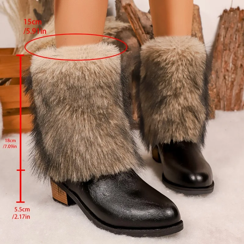 

Plush Mid-Tube Boots Winter New Sleeve Waterproof Leather Non-Slip Block Heel Cotton Shoes