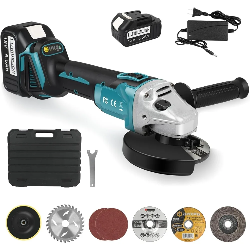 

ARyee Cordless Angle Grinder Kit, 4-1/2 Inch Power Angle Grinder 9000 RPM Brushless Motor with 5.5Ah Battery & Fast Charger