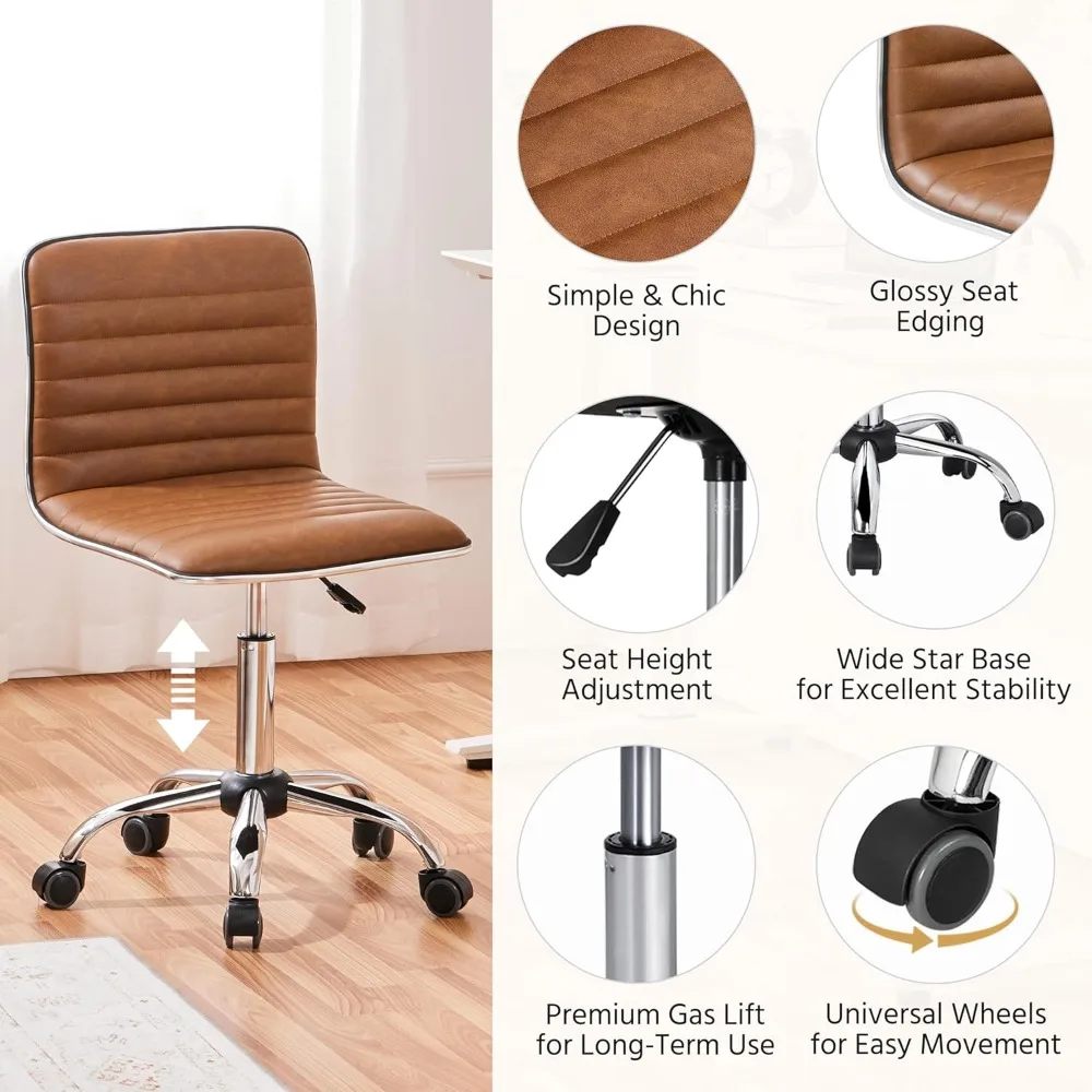 Low Back PU Leather Ribbed Armless Office Chair, Ergonomic Swivel Computer Task Chair with Wheels for Office, Home