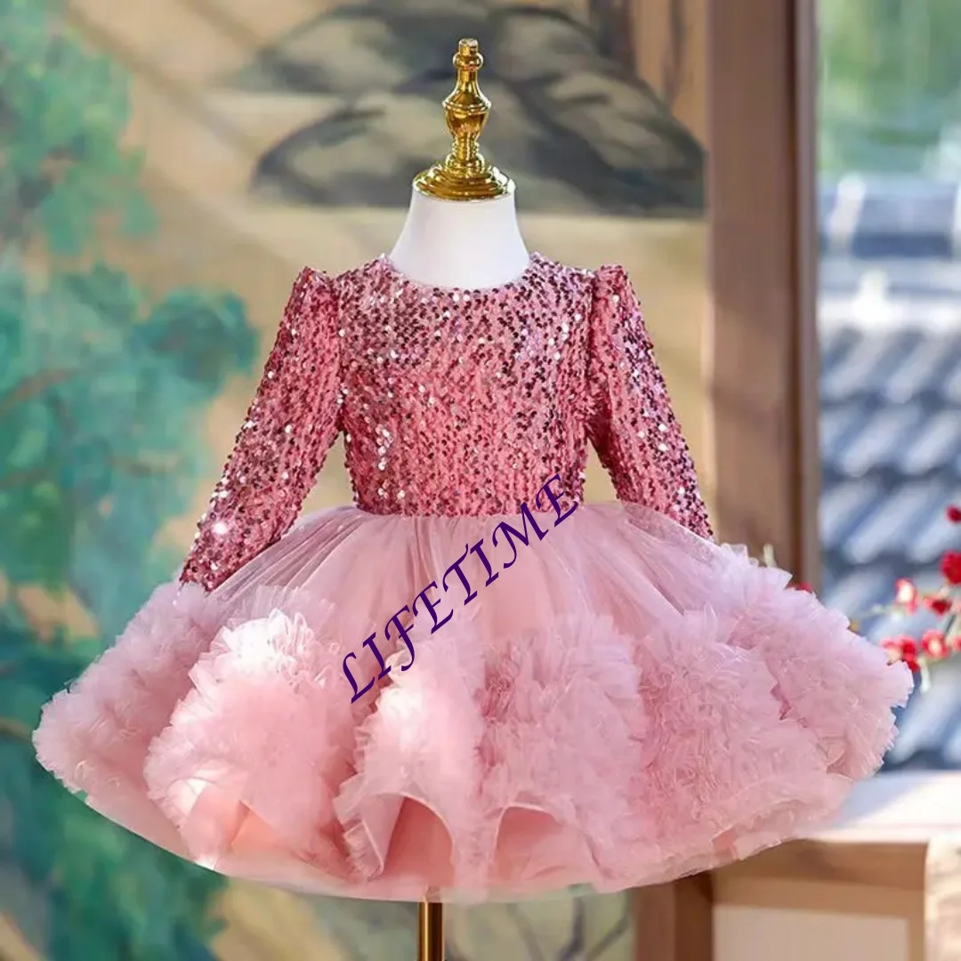 فستان فتاة وردي لامع مخصص بأكمام طويلة مكشكش للأطفال الأميرة 1st حفل زفاف وعيد ميلاد الأطفال عطلة الكرة ثوب #6
