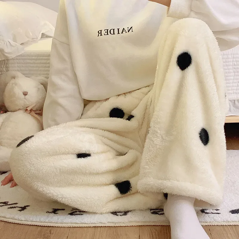 Polka Dot PJ Pants Women Winter Warm Thickened Fluffy Pyjamas White Pajama Pants Y2K Kawaii Homewear Flannel Sleepwear Trousers