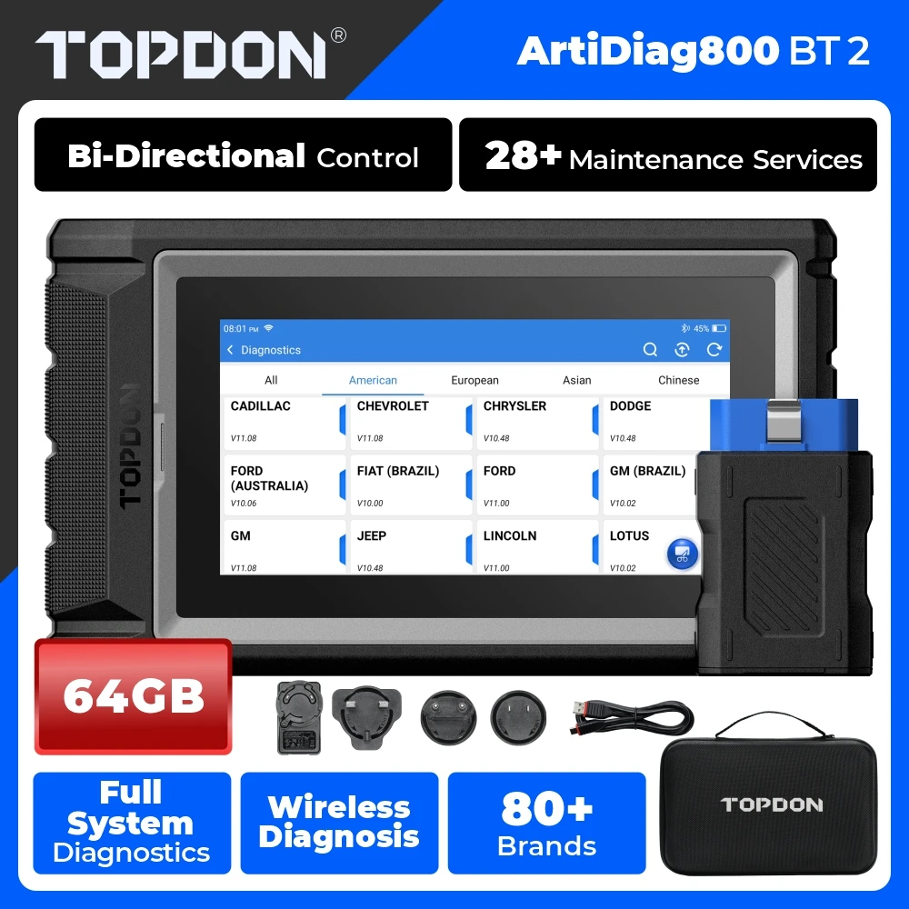 TOPDON ArtiDiag800 BT 2 Auto-Diagnosegerät, OBD2-Scanner für alle Systeme, AUTOVIN-Scanner, Codeleser, bidirektionale Steuerung