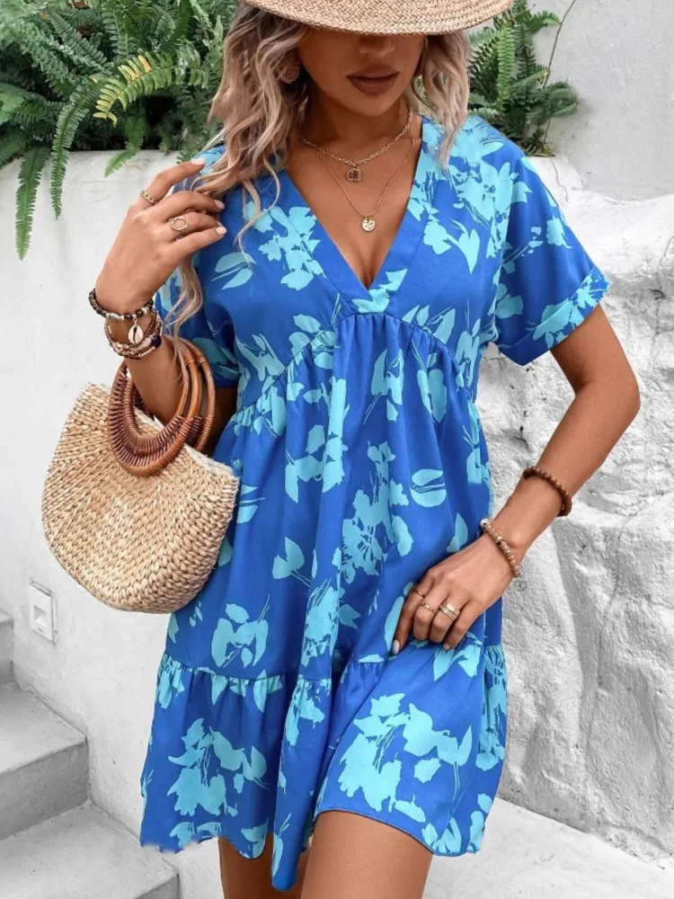 

2025Summer V-Neck Printed Mini Dress Women New Fashion Casual Beach Vacation Loose Short Sleeves Vestidos Color Colorful Dress