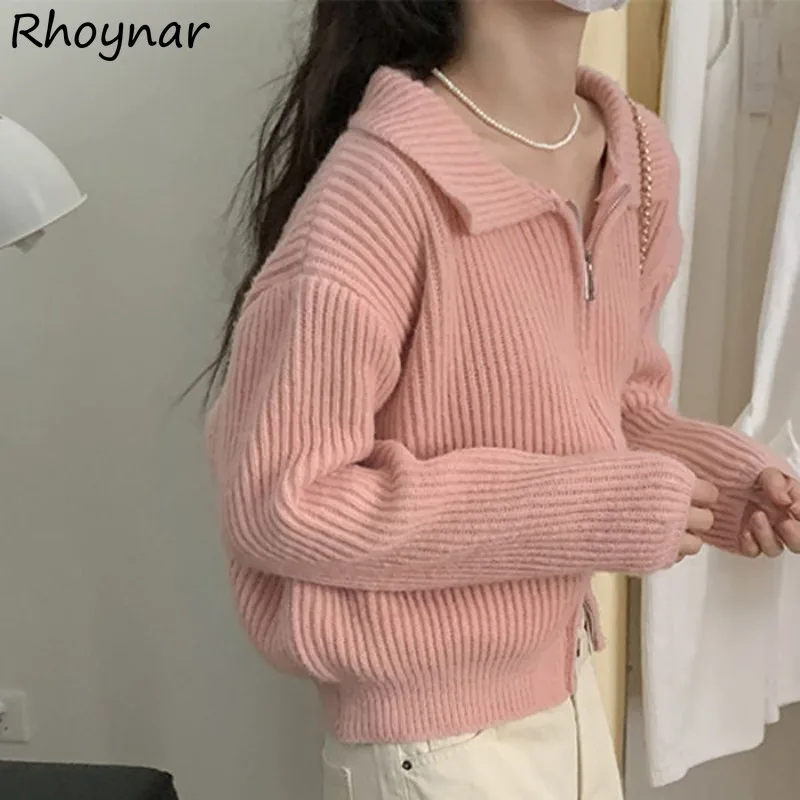 

Cardigans for Women Turn-down Collar Sweet College Autumn Zip-up Gentle Sweater Korean Style Fashion Campus Leisure All-match