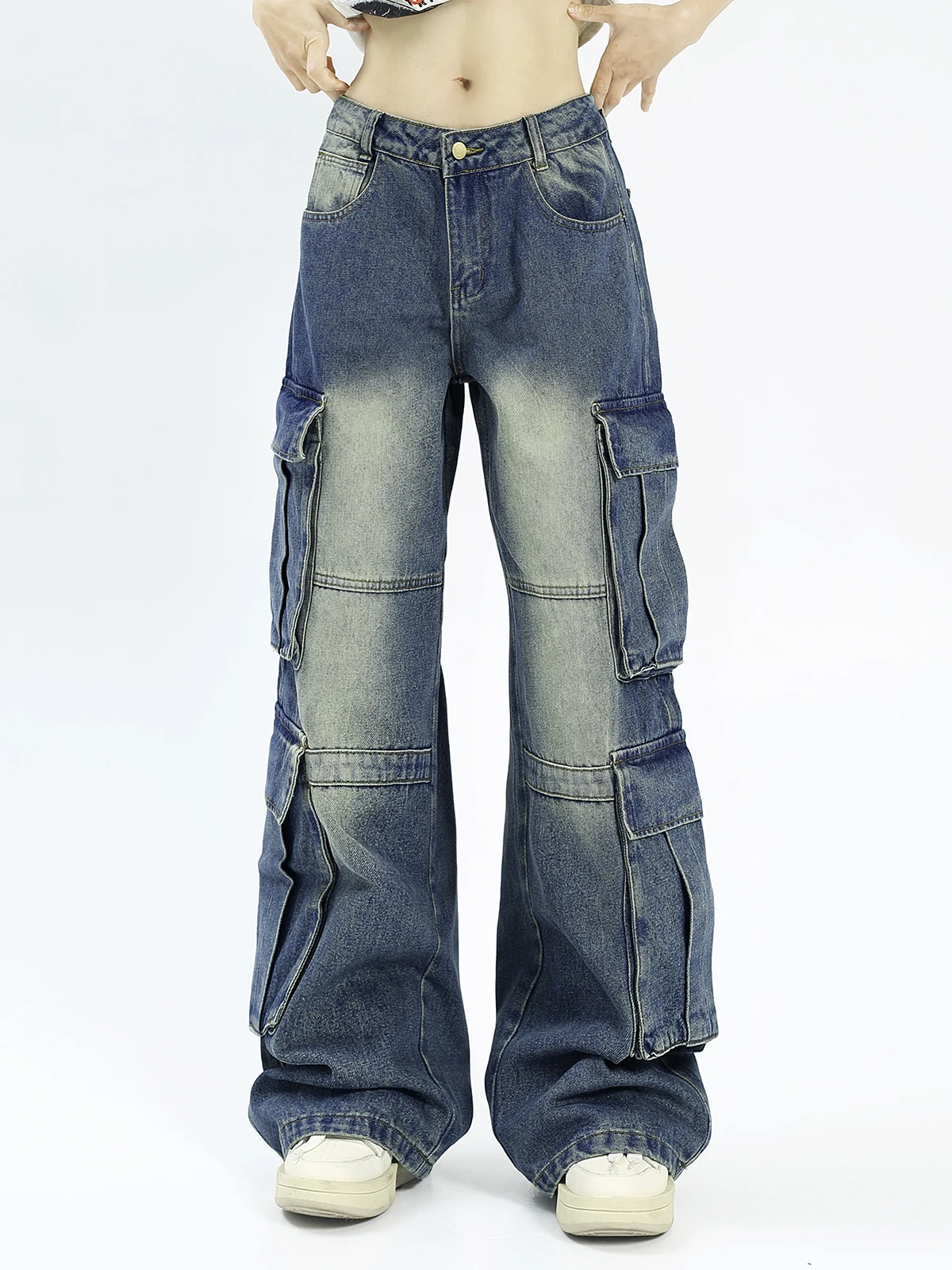 

KKBBU Американские рабочие брюки с несколькими карманами в стиле ретро, тонкие широкие джинсы длиной до пола с высокой талией для мужчин и женщин