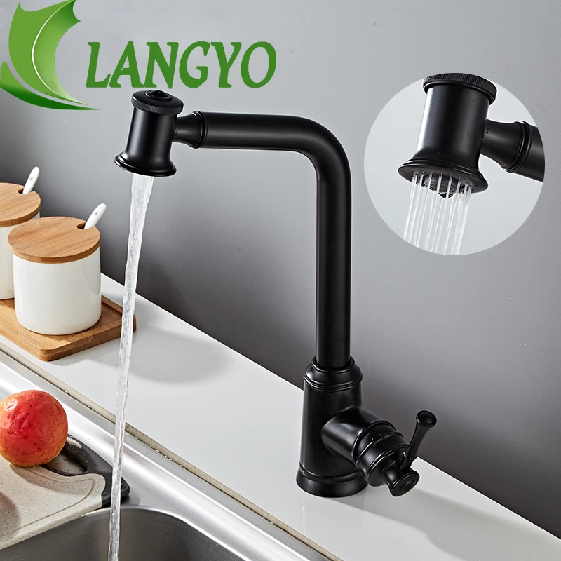 

LANGYO Chrome/Black Kitchen Sink Faucet Cold Hot Pull Out Swivel Spout Taps 360° Rotatable Solid Brass Faucets