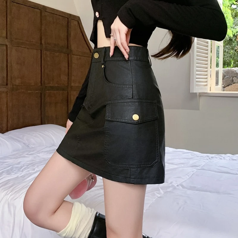 Minigonna retrò in pelle Pu Donna Autunno Inverno Gonna a trapezio a vita alta di alta qualità Moda femminile Streetwear Tasca Falda 2025
