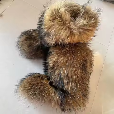 Women's Winter Snow Boots Outdoor Luxury Furry  Real Raccoon Fur Boots Woman Fox Fur Warm Platform Shoes Big Size  Bottes