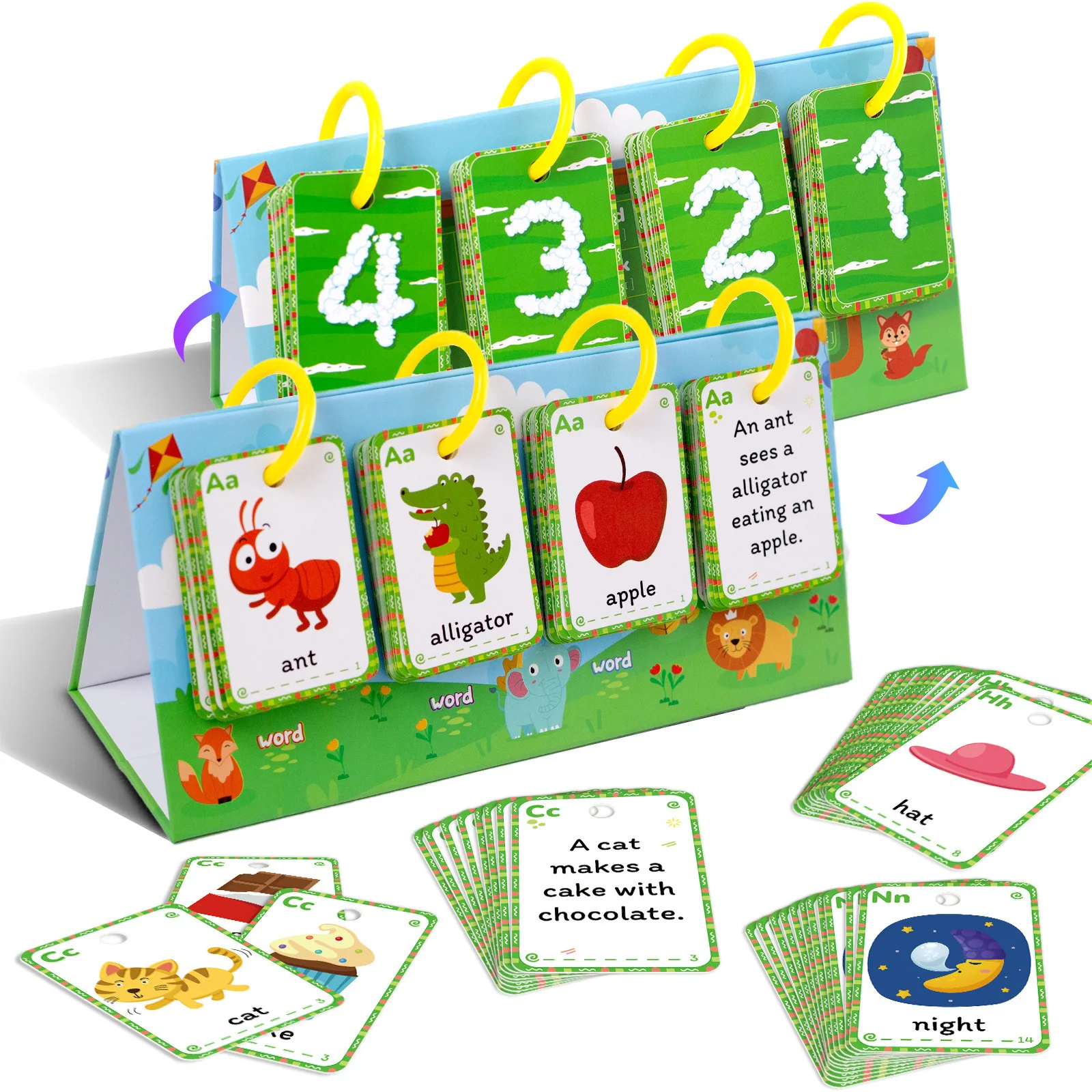 การ์ดคำศัพท์ภาษาอังกฤษเชื่อมโยงประโยคสำหรับการศึกษาบนโต๊ะเรียน  สำหรับเด็กเล็ก