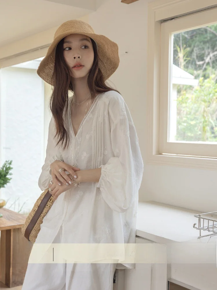 

VNOOK Embroidered V-Ne Cover up Women's Loose Lace Nine Sve Lightweight Lantern Sve Sunscreen irt Summer Commute Sle